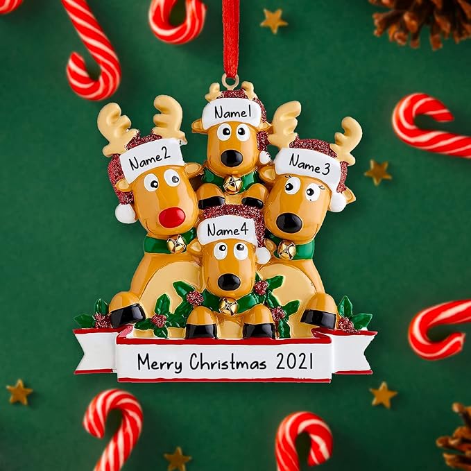 Personalized Christmas Ornaments 2025 Reindeer Family of 2/3/4/5/6/7/8 Deer Custom Christmas Ornaments with Names Customized New Year Keepsake Christmas Tree Decorations（Family of 3）