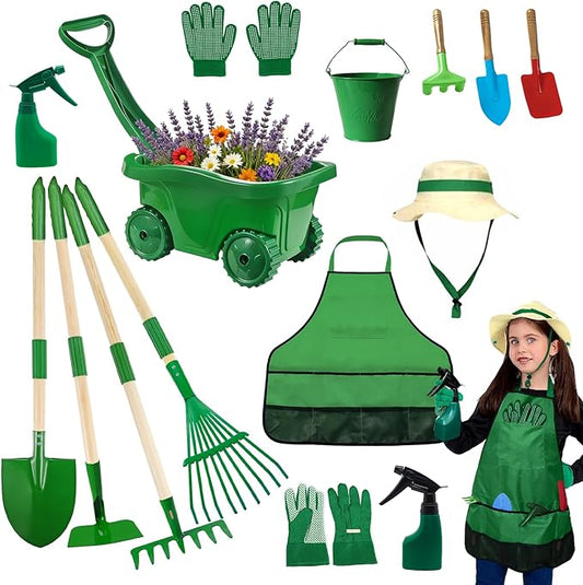 Kids Gardening Tools Set,15Pcs Wheelbarrow Set for Kids with Shovel, Rake, Leaf Rake,Summer Outdoor Backyard Farm Digging Weed Toys Beach, Sand, Garden Play Set Birthday Gift for Boys Girls