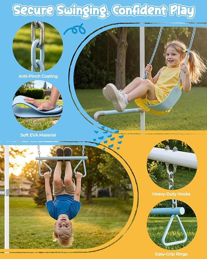 Outdoor Jungle Gym with Monkey Bars Frame, Climbing Set, Trapeze Swing Bar, Belt Swing, Kids Gymnastics Bars, Playground Set with Powder Coated Galvanized Steel for Backyard, Garden, White