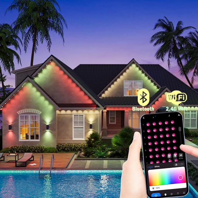 Permanent Outdoor Christmas Lights for House WiFi,150ft Smart RGB+IC Color Eave House Lights,Tunable Warm to Cool White 60lm for Daily Lighting,IP67 Waterproof, Alexa Google APP Remote Control