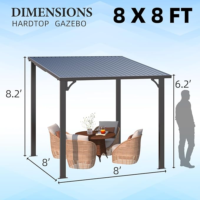 U-MAX 8' x 8' Outdoor Pergola Hardtop Gazebo, Wall-Mounted Heavy Duty Lean to Metal Awnings Gazebos on Clearance for Patio, Small Galvanized Steel Pergolas and Gazebo for Outdoor Use