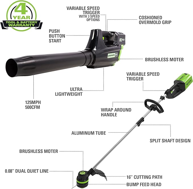 Greenworks 80V Brushless Cordless Yard Tool Combo Kit with 2.0Ah Battery & Rapid Charger ? 16 Dual-Line String Trimmer and 500 CFM / 125 MPH Leaf Blower, Variable Speed, 4-Year Warranty