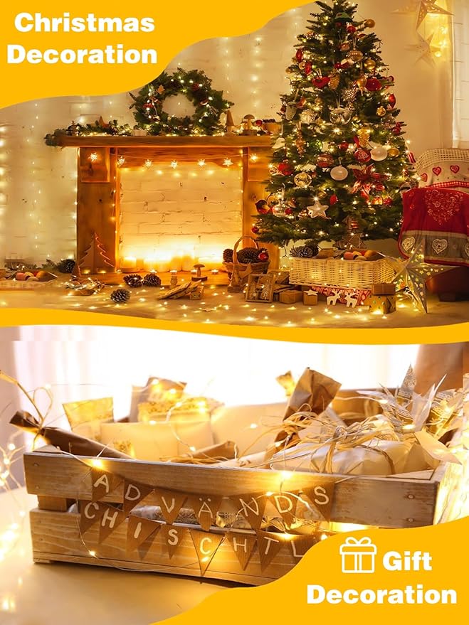 2 Pack 100LED Christmas Battery Operated Fairy Lights with Remote, 8 Modes String Lights with Timer, Dimmable, Memory Function, Waterproof Twinkle Lights for Outdoor Indoor Christmas Decor(Warm White)