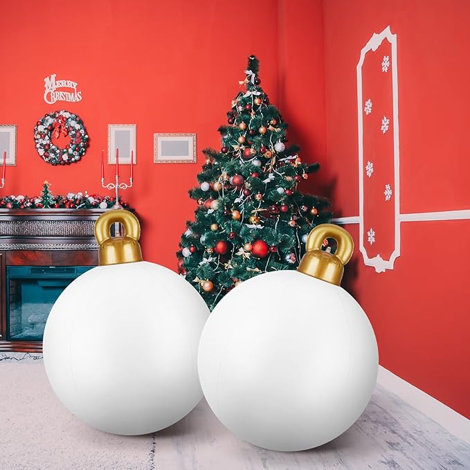 Jetec 4 Pcs Giant Inflatable Christmas Ball Large Xmas Inflatable Ornaments PVC Outdoor Holiday Blow Ball Outside Yard Lawn Porch Decorations (Solid,White)