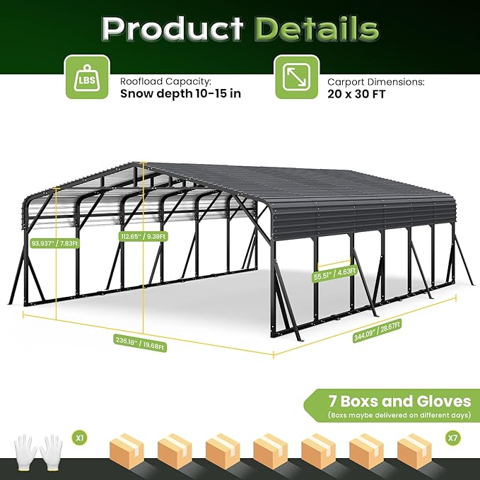 20x30FT Metal Carport, Heavy Duty Car Garage w/Reinforced Support Rods and Windproof Ground Anchors, All-Weather Multi-Use Outdoor Shelter for 2-4 Car, Boats and Truck