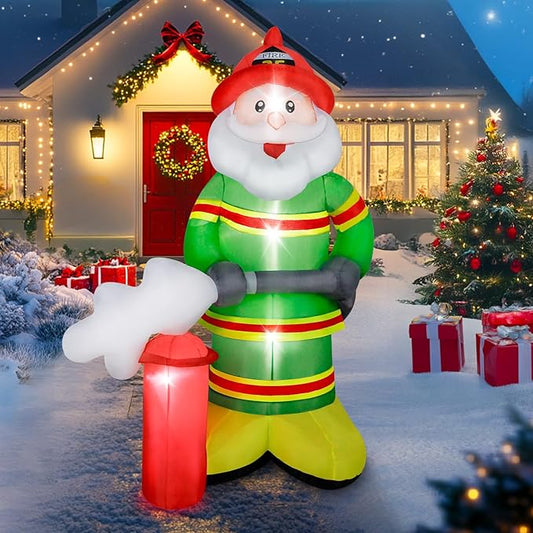 Christmas Inflatable Santa Claus Firefighter Decoration,7FT LED Lights Blow Up Decor Holding Fire Extinguisher,Outdoor Standing Waterproof Smiling Santa Claus for Xmas Holiday Party Yard Garden Lawn