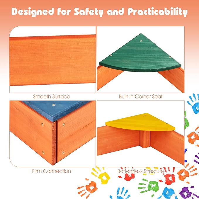 Costzon Kids Wooden Sandbox, Wood Cedar Square Sand Box with 4 Colorful Built-in Corner Seating, Bottomless Structure, Children Outdoor Beach Backyard Play Furniture for Ages 3-8