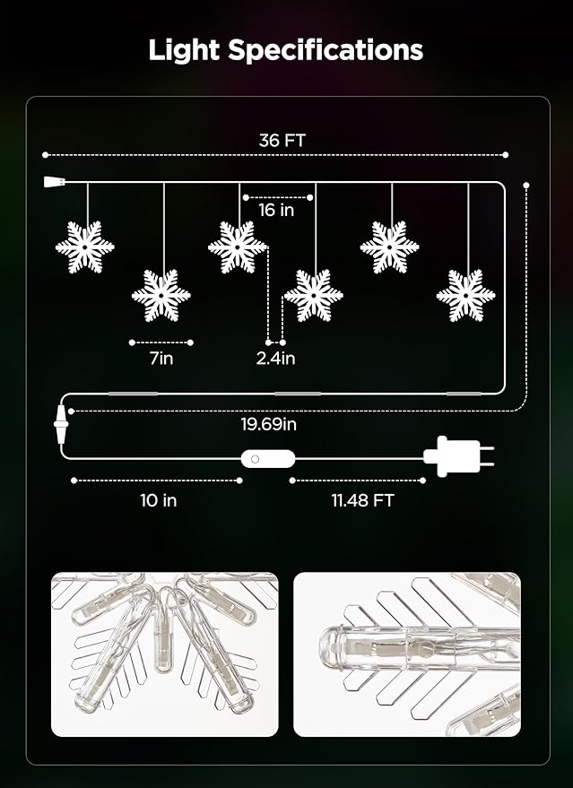 Brightown Smart Christmas Snowflake Lights, 36ft 288LED with 24 Drops Outdoor Icicle Lights with Music Sync & APP Control, Waterproof Connectable, 80+ Scene Modes for Roof, Yard, Window, Patio