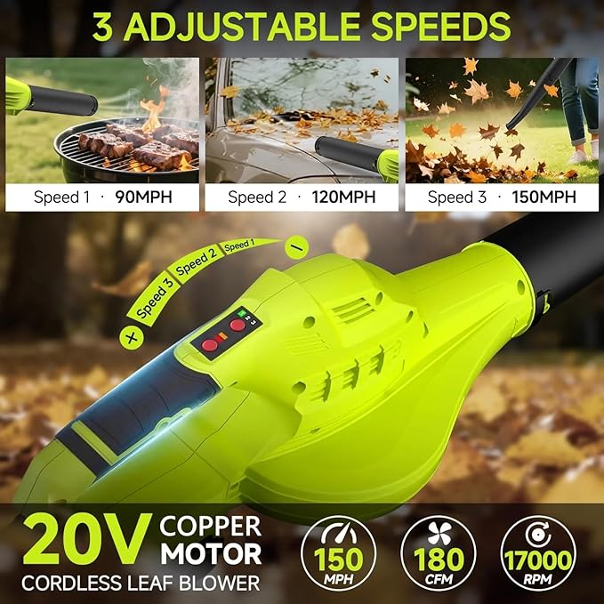 Leaf Blower Cordless with 2X 4.0Ah Batteries and Charger, 150MPH/180CFM Lightweight Cordless Blower, 3 Speeds Small Electric Leaf Blowers for Lawn Care, Patio, Yard, Leaves, Grass and Snow