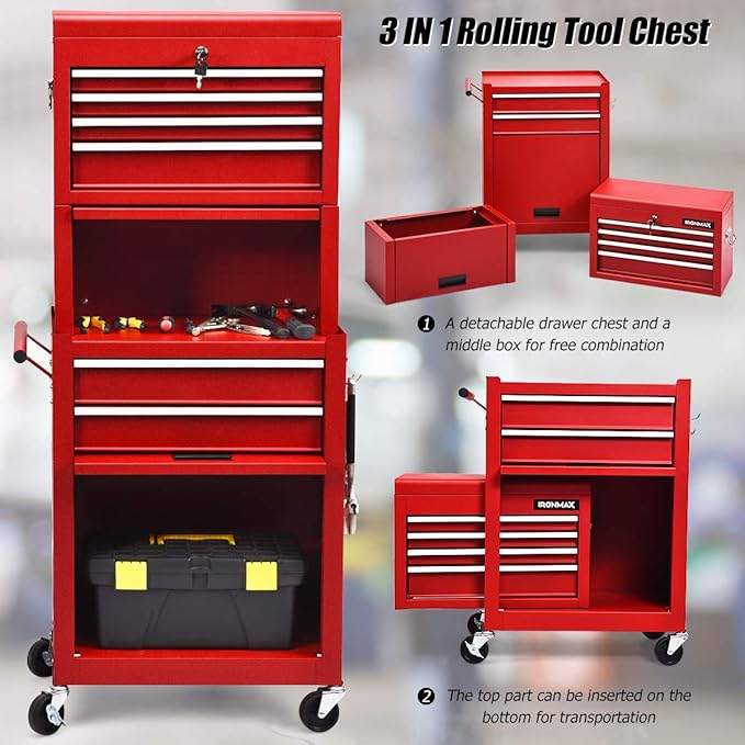 S AFSTAR 6-Drawer Rolling Tool Chest, High Capacity Tool Storage Cabinet with Wheels and Locking System, Removable Toolbox Organizer with Sliding Drawers (Red)