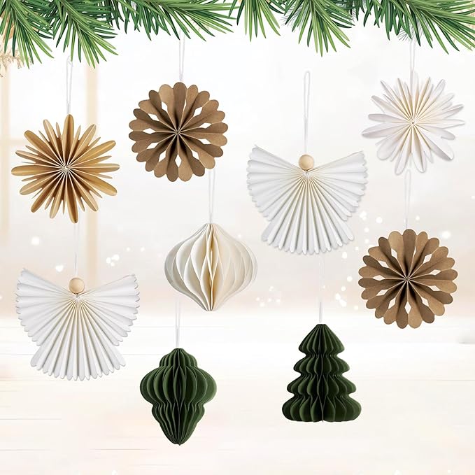 9 Pcs Mini Paper Christmas Hanging Ornaments, Handcrafted with Carstock, White, Sage Green and Brown Decorative Paper Christmas Tree Ornament, for Xmas Holiday Party Home Tree Decor
