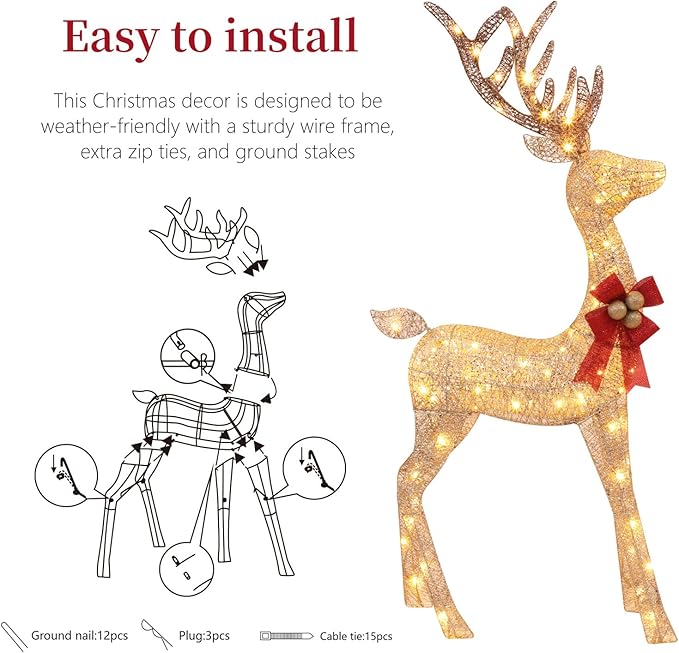 3-Piece Lighted Christmas Deer Family - HOLILITE 4.5ft 3D Pre-Lit Reindeer Outdoor Decorations with 210 LED Lights, Yard/Garden/Patio Holiday Display - Gold