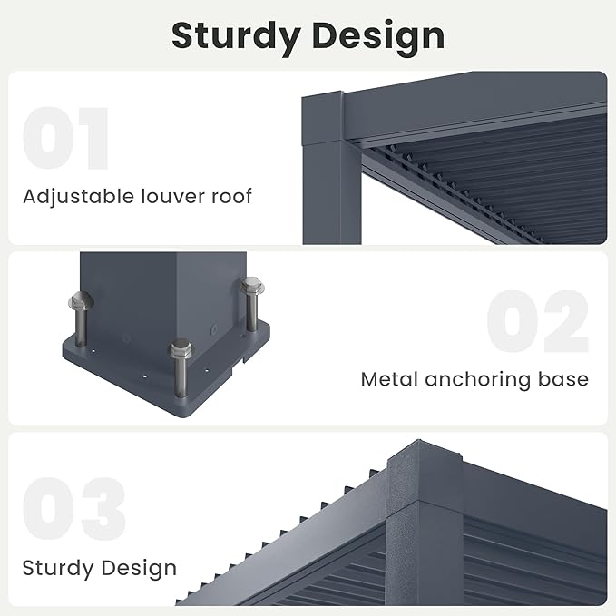 RoyalCraft 10' x 13' Louvered Pergola, Heavy-Duty Aluminum Outdoor Pergola, Metal Hardtop Gazebo with Adjustable Roof for Patio Deck Garden Yard, Grey