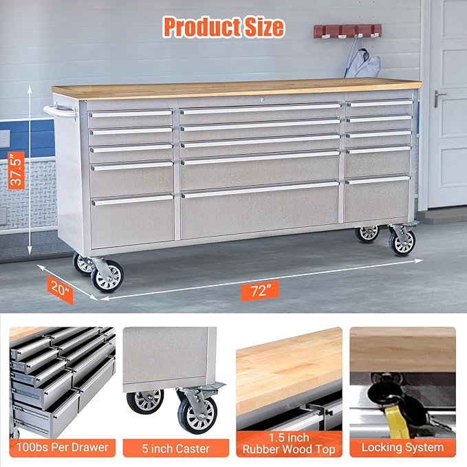 Heavy Duty 72-Inch Rolling Tool Chest with 15 Drawers & Rubber Wood Top, Stainless Steel Mobile Workbench Cabinet, Lockable Drawers & Casters for Garage, Workshop - Silver Finish