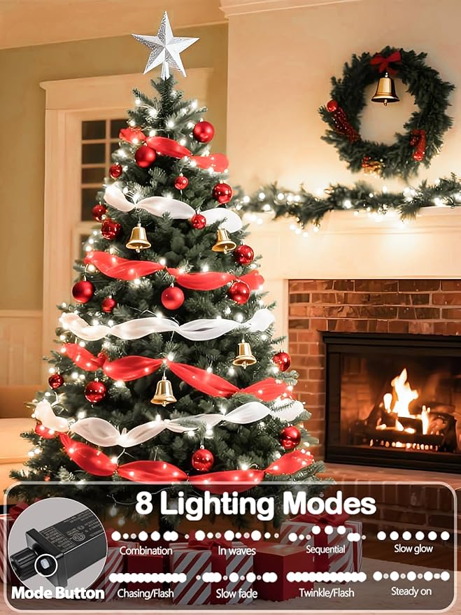 YIQU White 82FT 200 LED Christmas String Lights Outdoor/Indoor (Extendable Green Wire, Ultra-Bright with 8 Modes, UL Certified), Fairy String Lights for Xmas Tree Holiday Party Decoration, Cool White