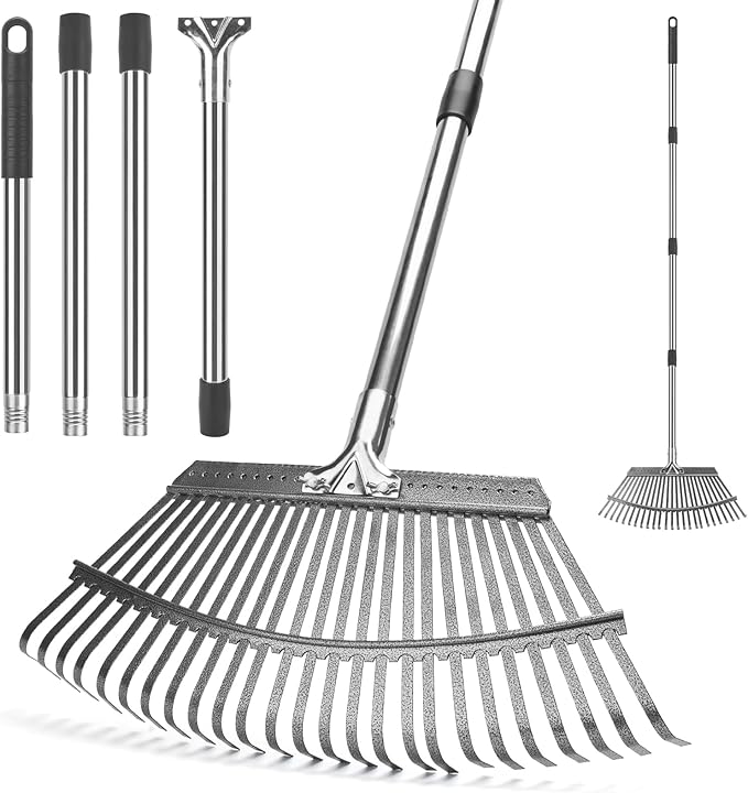 KeFanta Garden Leaf Rakes, Rake for Leaves Heavy Duty 25 Metal Tines 18.5 Wide, 62 Adjustable Long Handle Rakes for Lawns Yard Grass Flower Beds