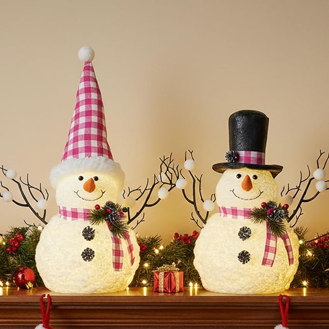 2 Pack Christmas Table Decorations, 14" Lighted Plush Snowmen FigurinesPastel Christmas Ornaments, Light Up Snowman Holiday Present, Battery Operated Xmas Gifts Indoor Tabletop Ornaments