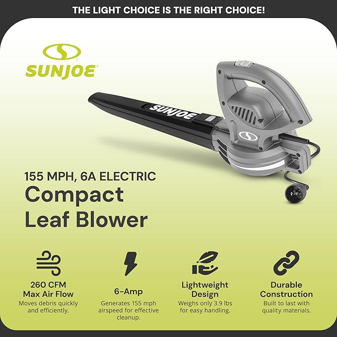 Sun Joe Corded Electric Leaf Blower Machine, 155 MPH, 260 CFM, 6-Amp Motor, Gray - Portable and Lightweight Gardening Equipment for Yard Care and Lawn Maintenance, SBJ597E-GRY