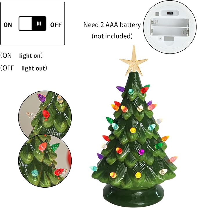 Ceramic Christmas Tree 12 Inch Tabletop Christmas Tree Vintage Christmas Decoration Battery Operated Mini Green Xmas Trees with Multicolored Lights