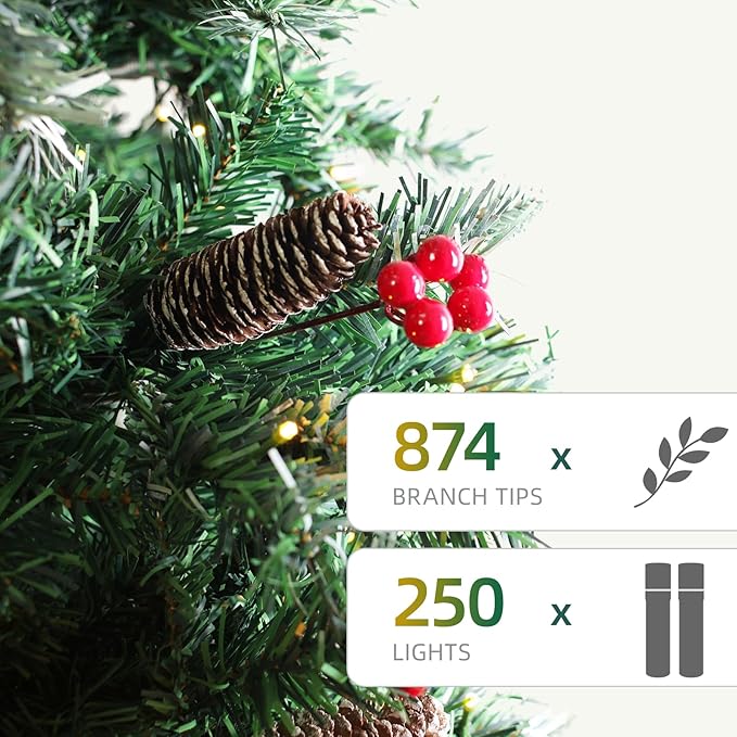 Prelit Christmas Tree with Lights 6ft - Premium Artificial Christmas Tree, with 874 Branch Tips and 250 Warm Lightsm, Support Automatique, Easy Assembly,Perfect Choice for Xmas Decorations