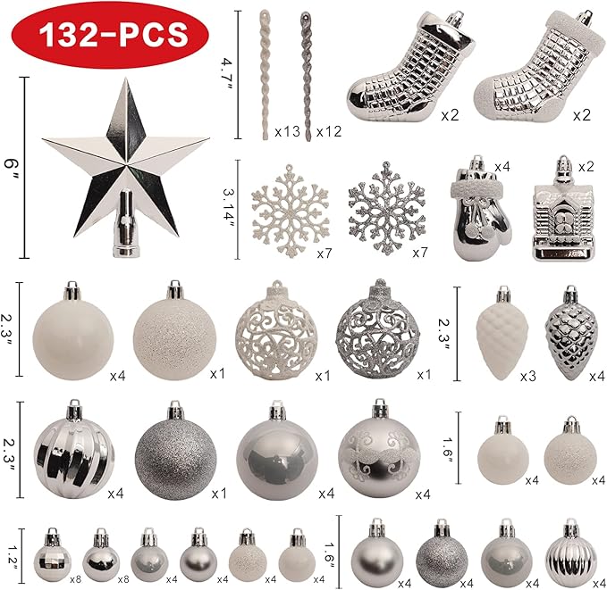 Christmas Tree Ornament Set - 132pcs Silver Ball Decoration, Shatterproof Hanging Ornaments, Large and Small Assortment for Holiday Party Decor