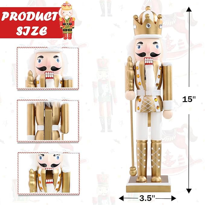 Christmas Nutcrackers Figure 15Inch 1PCS Wooden Nutcracker Ornament Nutcracker Christmas Decoration Figures for Desktop Home Decor Kids Gift Gold