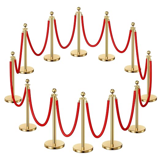 12pcs Sturdy Gold Stanchion Posts and 12pcs High Quality Red Carpet Velvet Ropes, Water/Sand/Concrete Fillable Leakproof Base, Crowd Control Barriers for Birthday, Prom, Business, Wedding