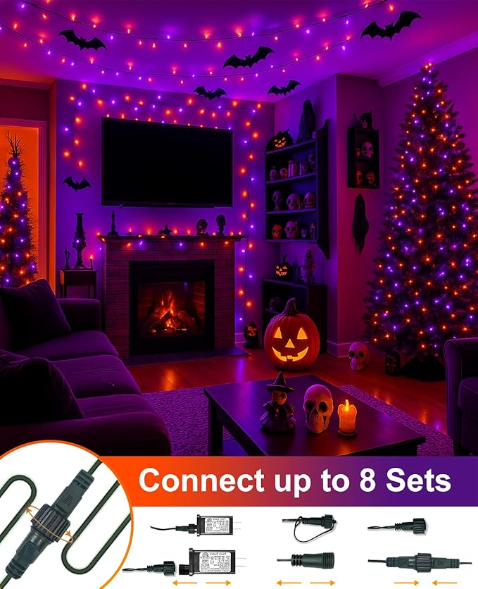 40FT 120 LED Christmas Lights Outdoor, Purple Orange Christmas String Lights Waterproof, 8 Modes Connectable Christmas Tree Lights for Indoor Home Patio House Holiday Decorations