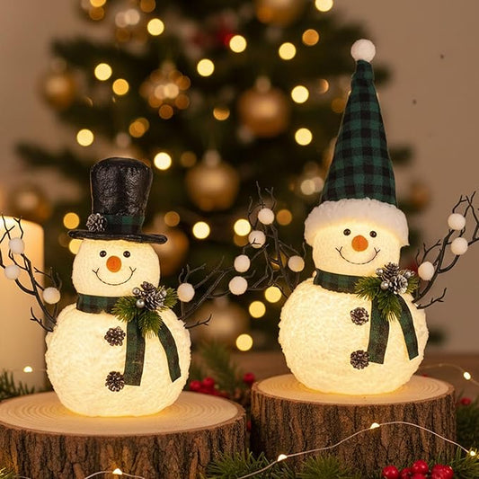 2 Pack Green and White Christmas Day Decor, 14" Lighted Plush Christmas Day Snowman Decorations, Light Up Snowman Holiday Present, Table Mantel Desk Fireplace Shelf Home Holiday Minimalist Decor