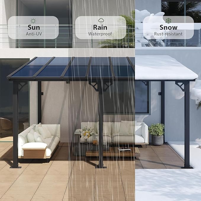 Aoxun 10’ x 14’ Gazebo, Wall Mounted Gazebos Pergola, Outdoor Patio, Large Wall-Mounted Heavy Duty Awnings for Patio, and LED Outdoor Waterproof Hanging Lights for Decks, Backyard