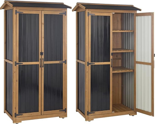 Storage Cabinet Outdoor Garage Cabinets with 3 Adjustable Shelves, Lockable Door, Wood & Metal Weather-Resistant Pantry Cabinet for Patio Garden Home Farm (33.3" Lx 21" Wx 69" H)