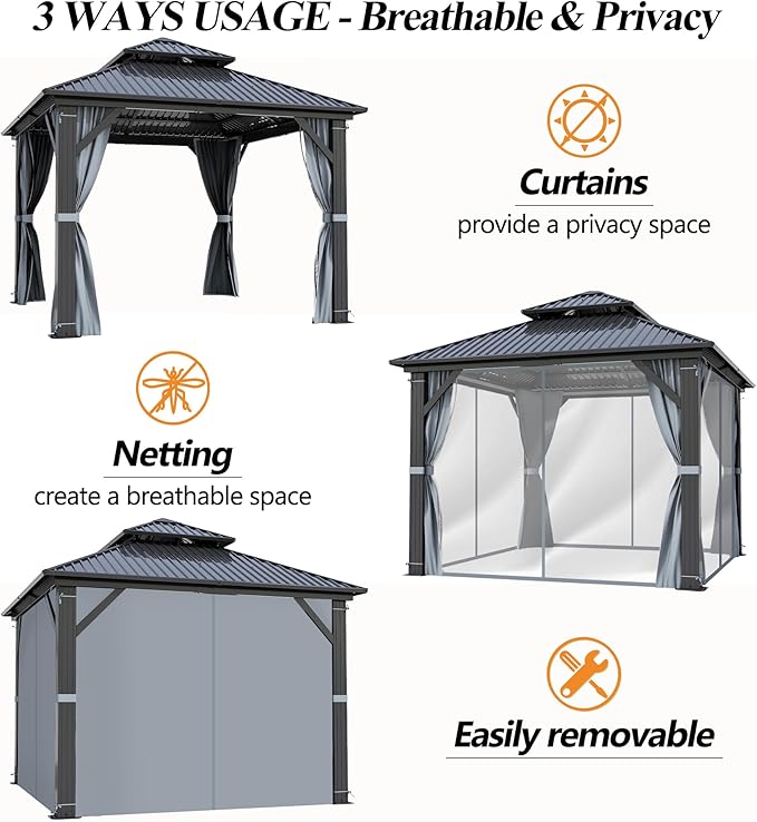 GARTOO 9.5x9.5FT Outdoor Hardtop Gazebo with Double Roof - Aluminum Heavy-Duty Steel Top Gazebo with Breathable Netting & Privacy Curtain for Patio, Porch, Garden, Lawn, Deck, Backyard