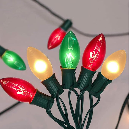 C9 Red White and Green Christmas Lights Outdoor, 25FT Vintage Christmas Tree Light with 26 C9 Clear Multicolor Bulbs, Hanging Outdoor Christmas Lights for Holiday Roofline Patio Garden Party Decor