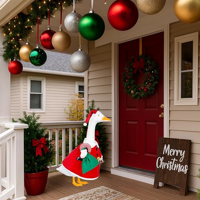 Christmas Santa Porch Goose Outfits Christmas Lawn Goose Clothes Fits 23" Cement Plastic Goose Statue for Xmas Outdoor Garden Yard Patio Art Decoration