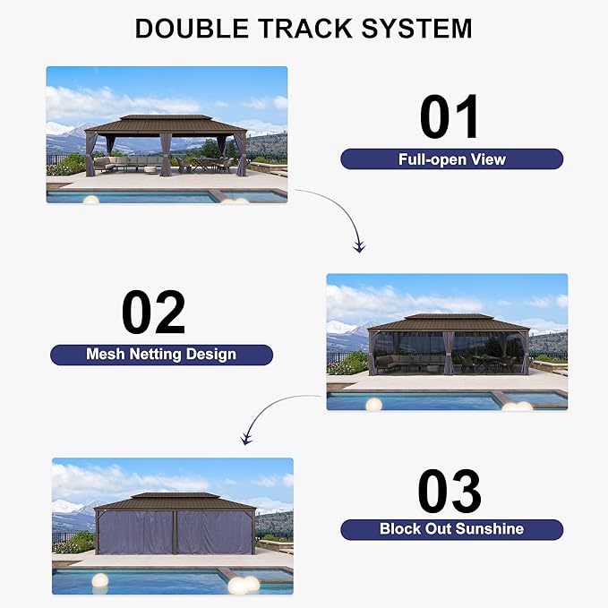 PURPLE LEAF 12' X 24' Outdoor Hardtop Gazebo Patio Wide Aluminum Frame Galvanized Steel Double Roof with Heavy Duty Netting and Curtains for Permanent Hard Top Pavilion Screen, Navy Blue