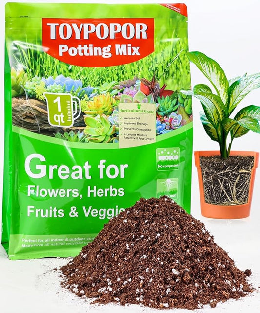 TOYPOPOR Potting Soil for All Indoor Houseplants, Contains Perlite, Peat Moss, Coco Coir and Rice Charcoal, Well Draining Potting Mix Light, Aerated Texture for Healthy Plant Roots and Fast Growth 1qt