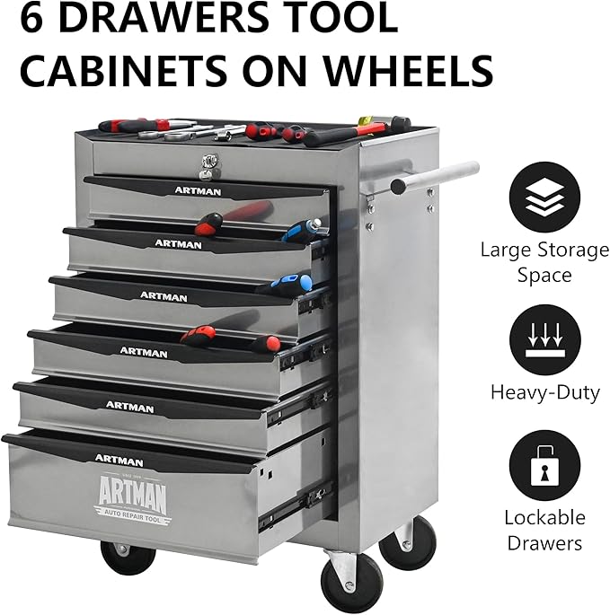 RYH 4-7 Drawers Rolling Tool Chest & Tool Box on Wheels | Heavy Duty Metal Cart with Ball Bearing Drawers | Fits US General Tool Box for Garage Storage (Silver, 6 Drawers£¨30.5 H ¡¿ 20.9 W ¡¿ 13 D)