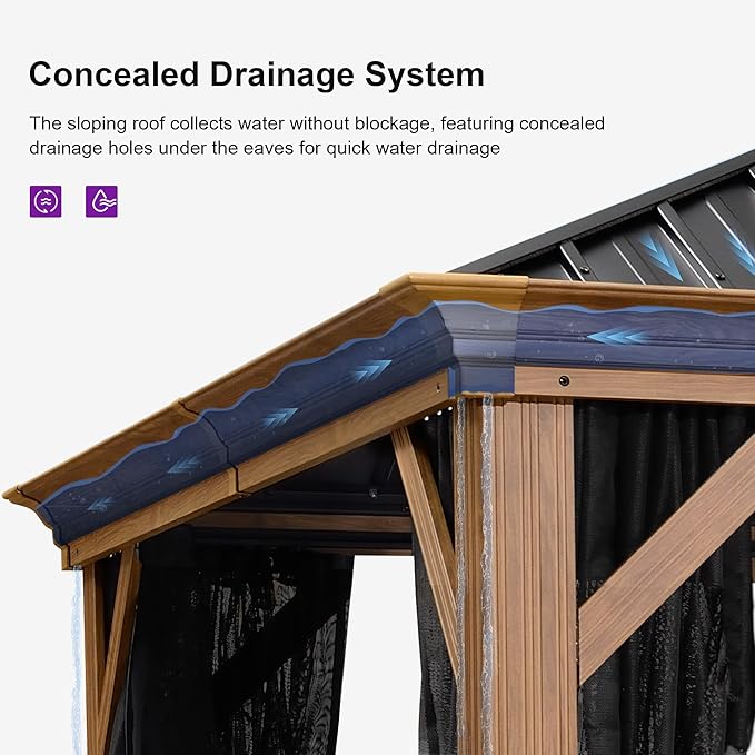 PURPLE LEAF 12' X 18' Outdoor Hardtop Gazebo for Patio Galvanized Steel Double Roof Permanent Canopy Teak Finish Coated Aluminum Frame Pavilion Gazebo with Netting