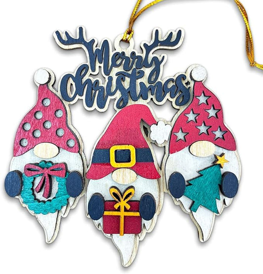 Christmas Gnome Ornament – Wooden Merry Christmas Hanging Decoration with Santa, Gift, Tree & Wreath Design, Rustic Farmhouse Christmas Tree Ornament, Holiday Decor for Home & Office