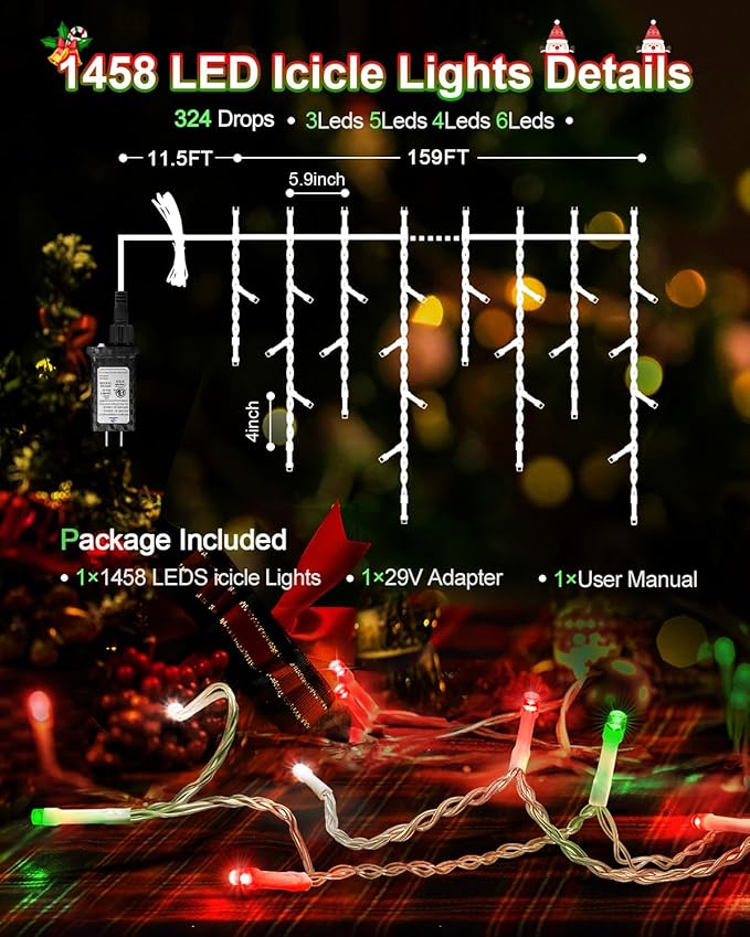 159 FT Christmas Lights Outdoor, 1458 LED Waterproof Outside Christmas Lights Plug in, Timer & Memory, 8 Modes Fairy Lights with 324 Drops for House Eaves Yard Patio Red Green and Cool White