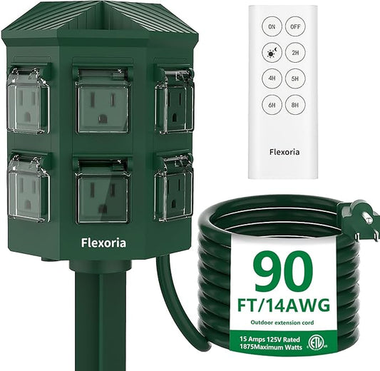 Outdoor Power Stake Timer, Remote Control Dusk to Dawn Light Timer, 90FT Extension Cord Waterproof, 6 Grounded Outlets for Outdoor Christmas Decorations, ETL Listed