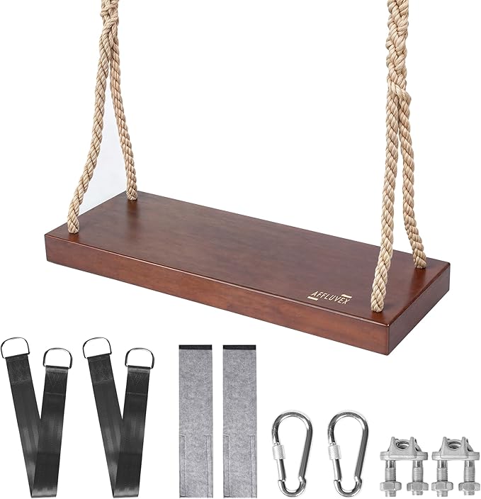 Outdoor Wood Hanging Seat, 22" x 8" x 2" Cedar Wooden Tree Swing for Adults & Kids, 440+ lb Capacity, Adjustable 5-7 ft Rope, Classic Heavy Duty Tree Swing for Backyard & Porch