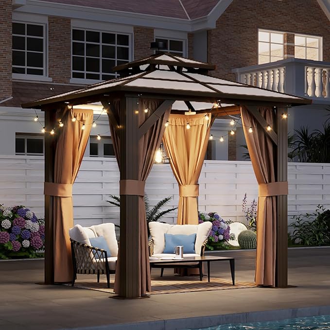 Aoxun 8'x 8' Hardtop Gazebo, Outdoor Polycarbonate Double Top Canopy, Aluminum Frame Gazebo with Netting and Curtains, Sunshade for Gardens, Patios, Lawns, Brown