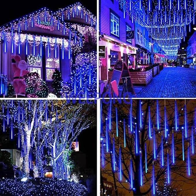 Meteor Shower Lights Outdoor Christmas Lights UL Certified Falling Rain Drop Snowfall Icicle Cascading String Light for Xmas Holiday Tree Wedding Party Garden Decor Blue, 12 Inch 8 Tubes