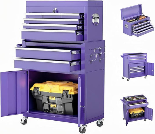 Crownland 8-Drawer Rolling Tool Chest with Wheels, Lockable 2 in 1 Detachable Tool Cabinet wit Drawers and Side Hooks, Garage Top Toolbox & Bottom Storage Cart(Purple)