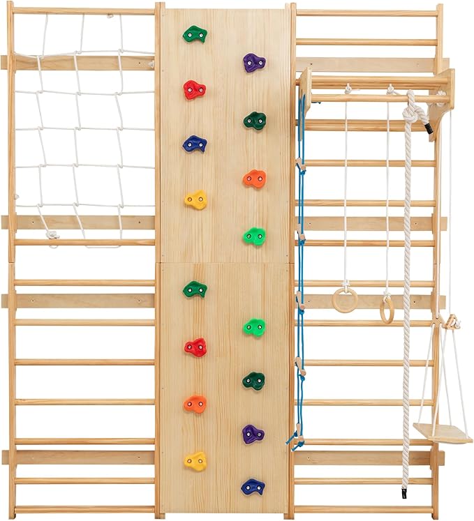 10-in-1 Indoor & Outdoor Wooden Playset for Kids, All-in-One Climbing Playground with Slide, Monkey Bars, Swing, Rock Wall, Climbing Net, Rings & Ladder –Sturdy Backyard Adventure Set for Active Play