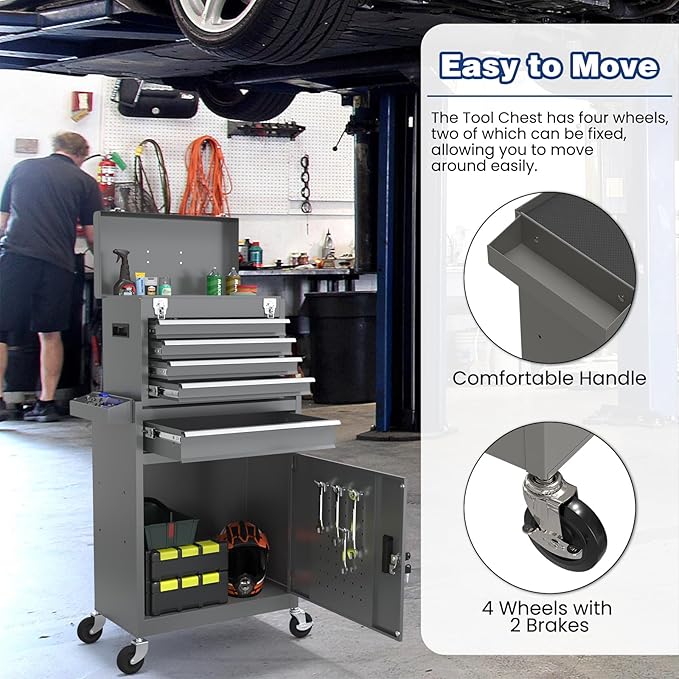 Rolling Tool Box with Wheels, 5-Drawer High Capacity Tool Chest with Wheels, Removable Storage Toolbox with Lock for Garage, Workshop (Grey)