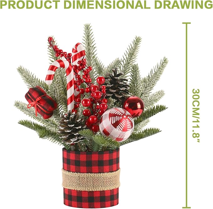 Super Holiday Small Winter Buffalo Check Plaid Christmas Tree, Artificial Mini Tabletop Christmas Tree Decorations with Xmas Ornaments, for Home Party Thankgivings Decor, Red/Black-Indoor