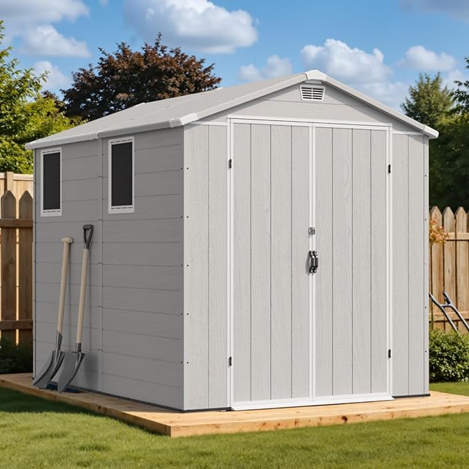 Devoko 6x8 Ft Outdoor Storage Shed - Lockable Resin Tool Shed with Window & Floor - Easy Assembly for Garden, Backyard
