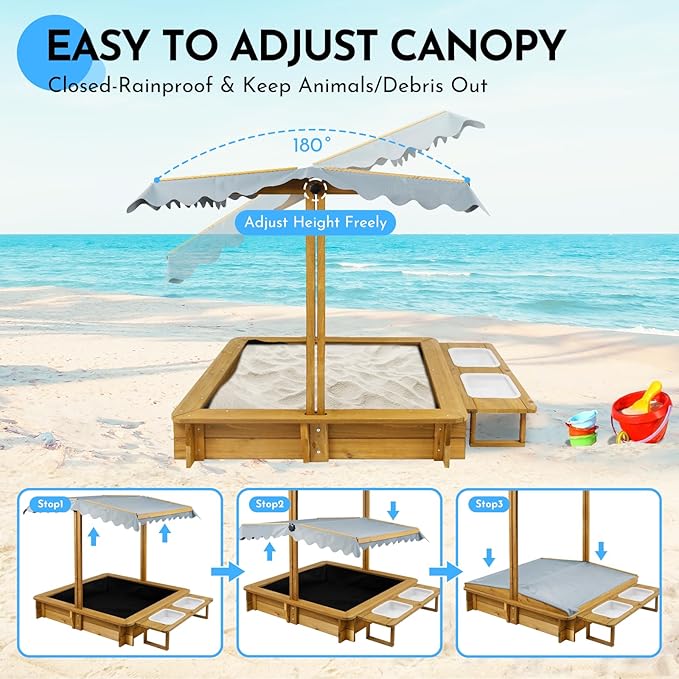 Sandbox with Lid, Outdoor Wooden Kids Sand Box with Adjustable Canopy & Two Toy Basins, Sandbox with Cover for Backyard, Beach, Gift for Kids Aged 2-8, Bottom Liner & UV-Resistant, 45''